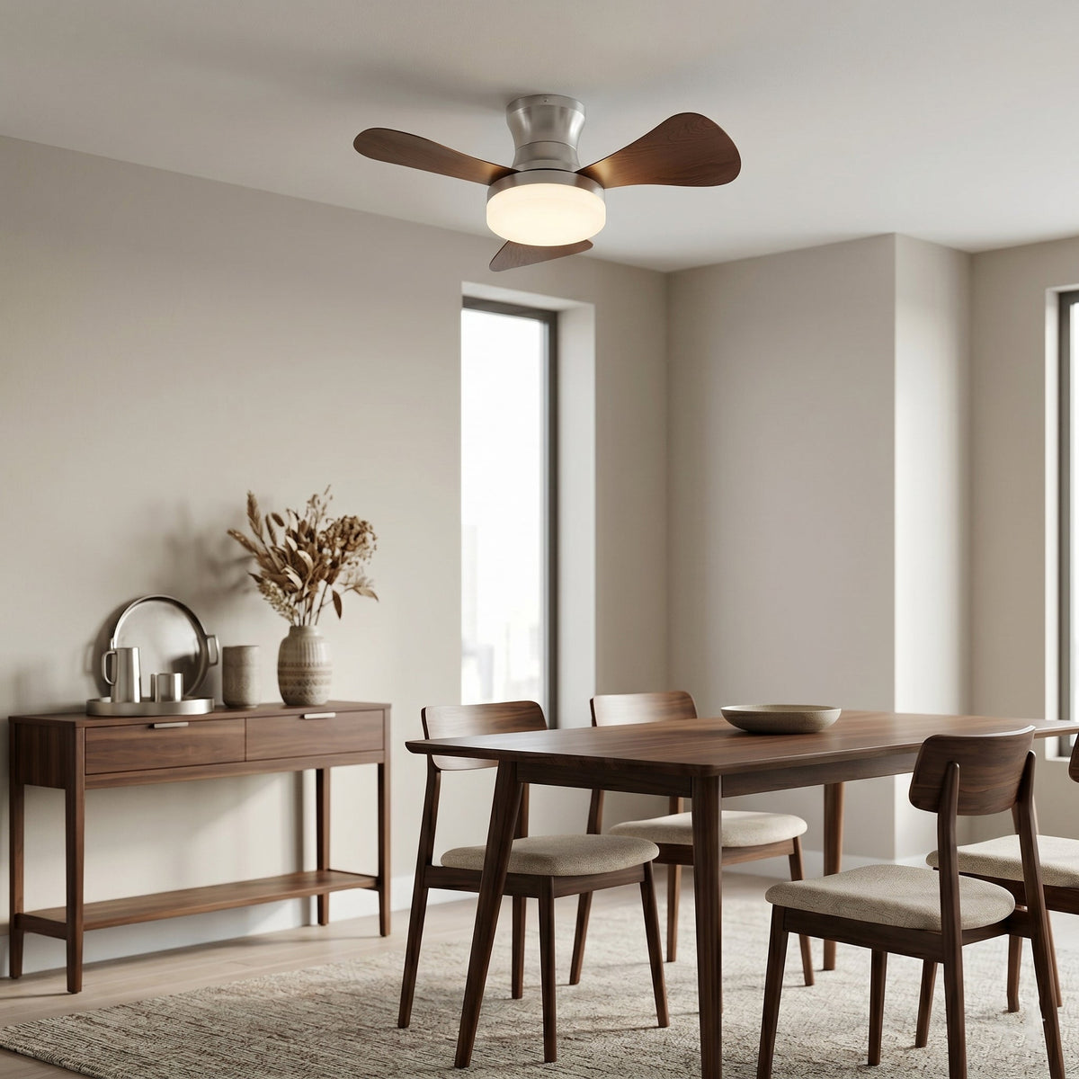 Lifestyle image of the Brennan Ceiling Fan Light in a cozy bedroom.
