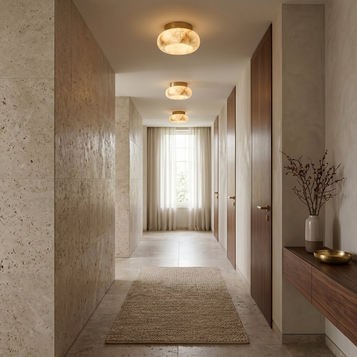 Close-up of the genuine alabaster stone shade showing natural veining.