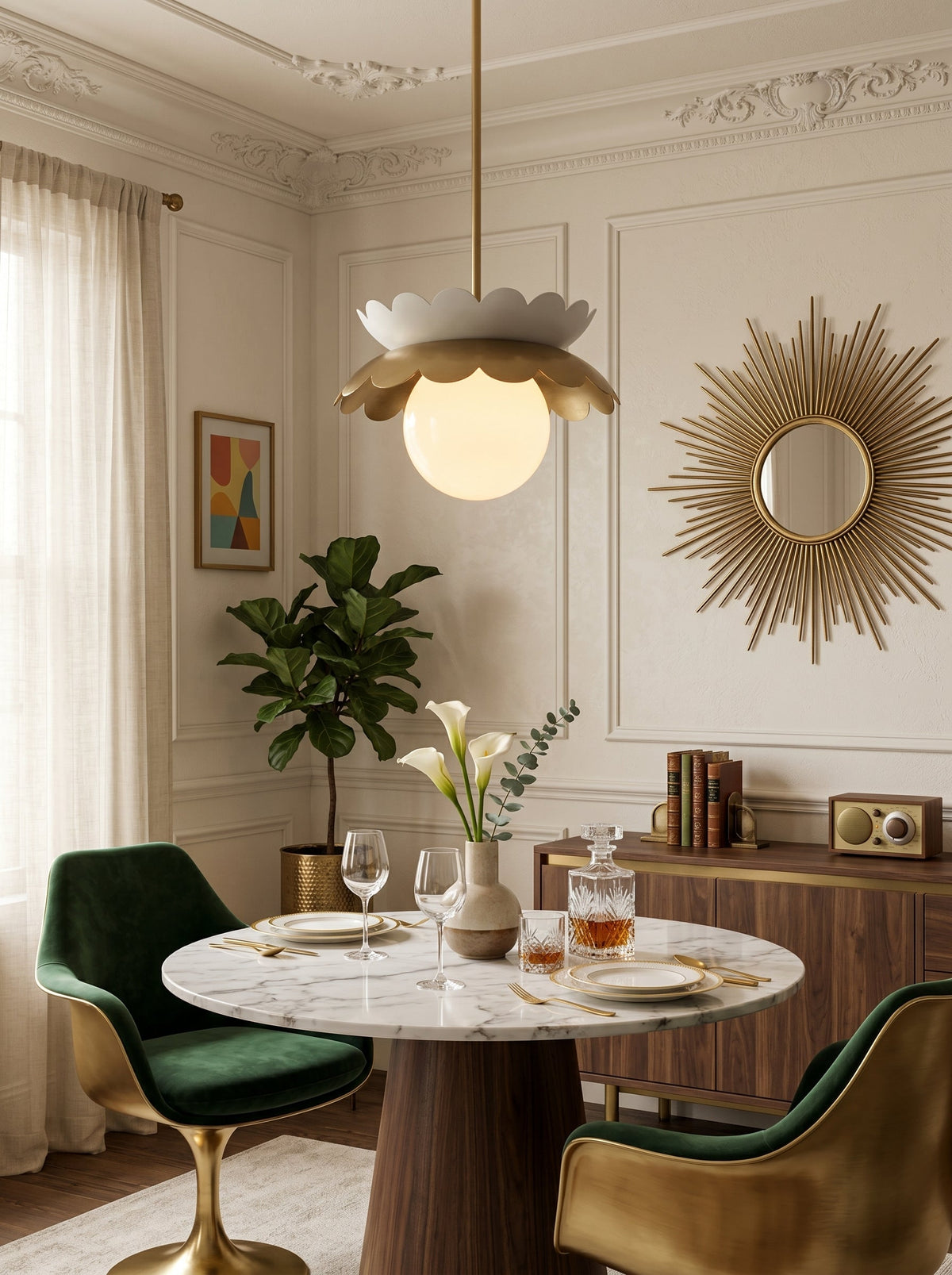 Detail shot of the metal suspension rod and ceiling mount for the Capri Globe Pendant.