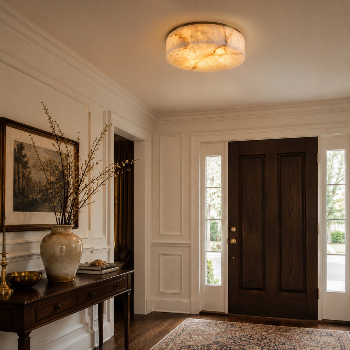 Close-up of the natural alabaster stone shade and brass frame.