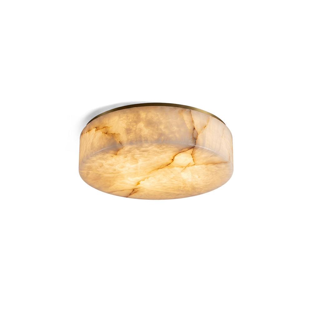 Angled view of the Carrara alabaster and brass ceiling mount.