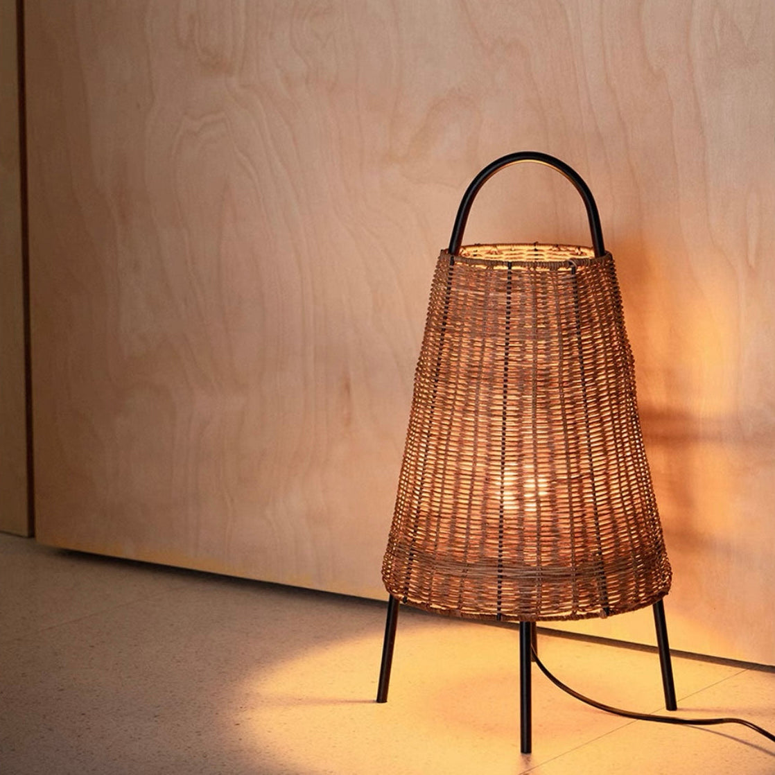 The lamp placed on the floor as a low-profile accent light.
