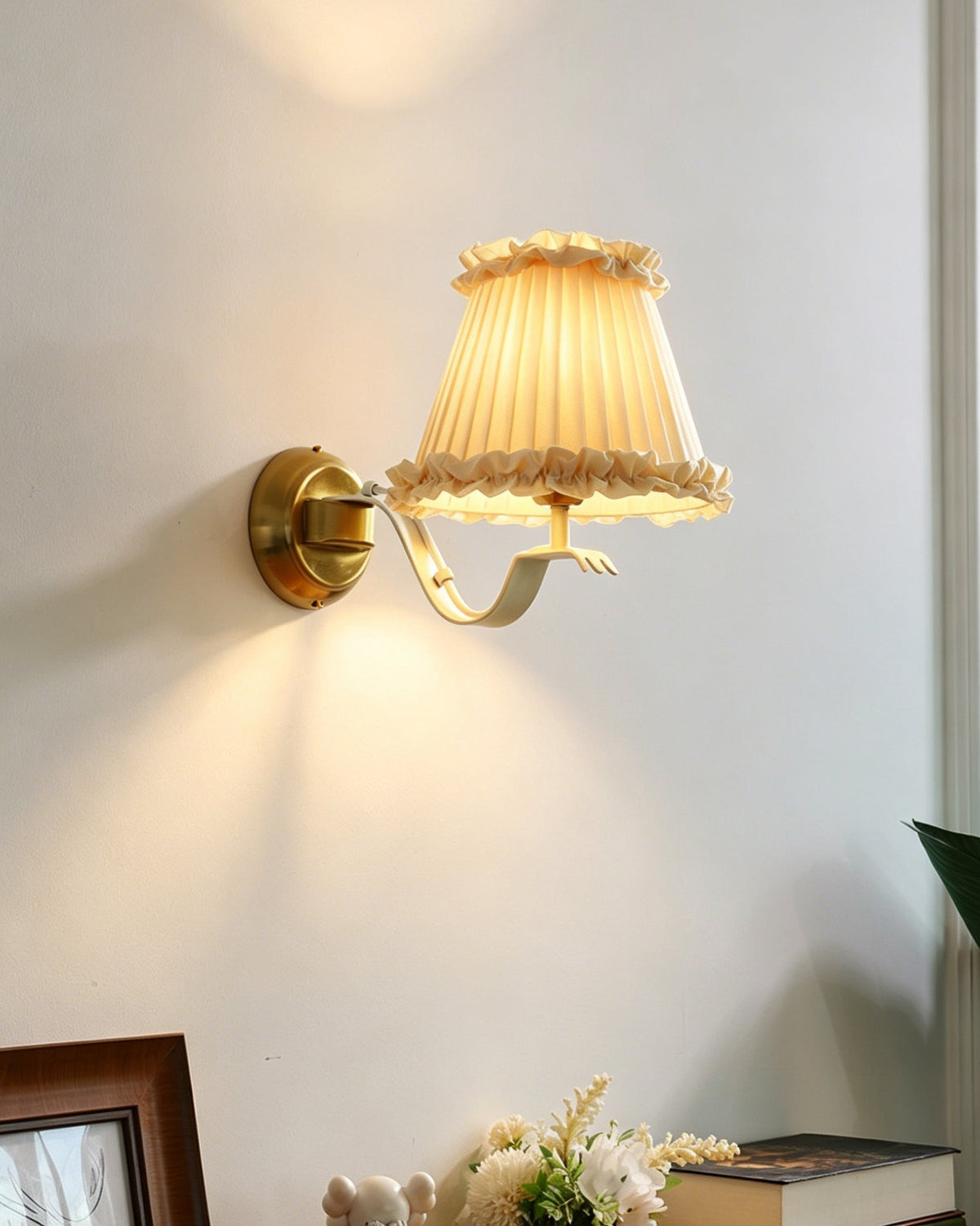 Chantal Ruffle Wall Sconce shown in a modern French country bedroom.