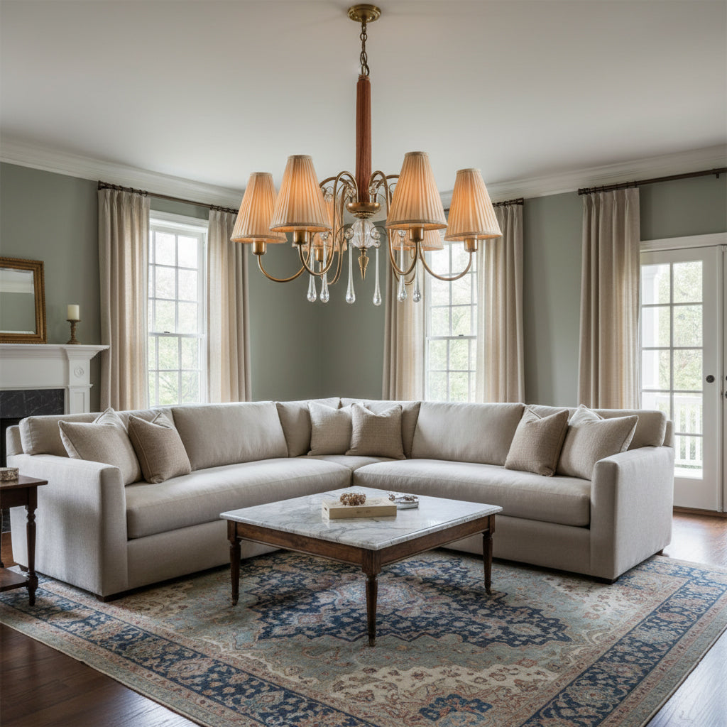 The large Chateaux chandelier hanging in a high-ceiling foyer.