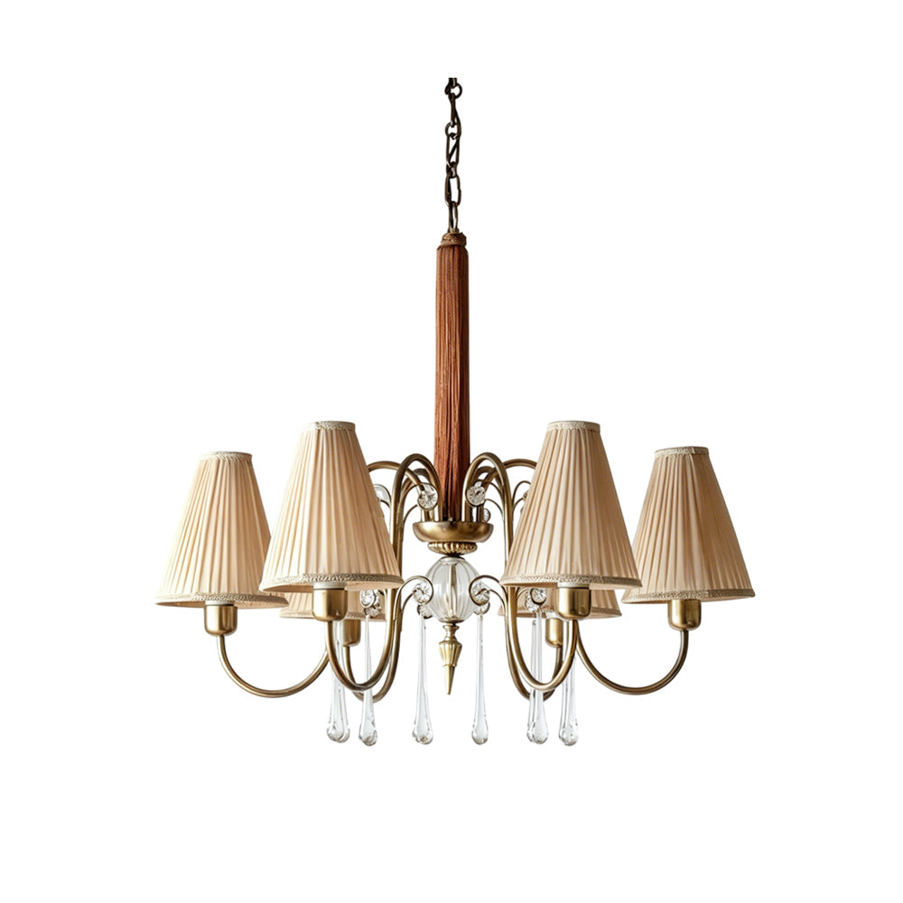 Front view of the Chateaux Crystal Chandelier with beige fabric shades.