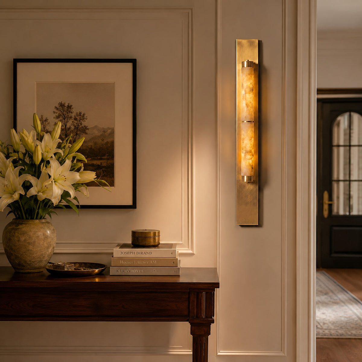 Front view of the tall Columnar Alabaster Wall Lamp.