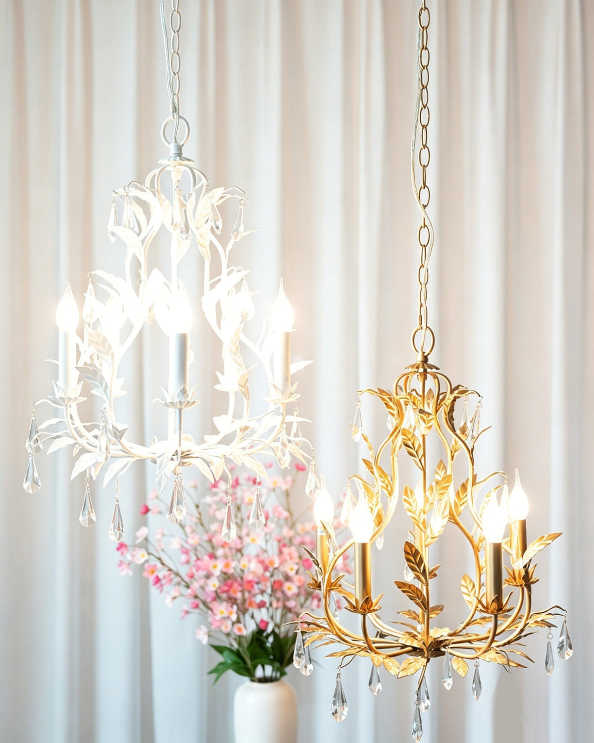 The Evie Chandelier illuminated in a romantic bedroom setting.