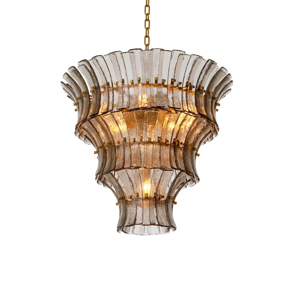 Fontana charcoal glass chandelier hanging in a formal dining room.