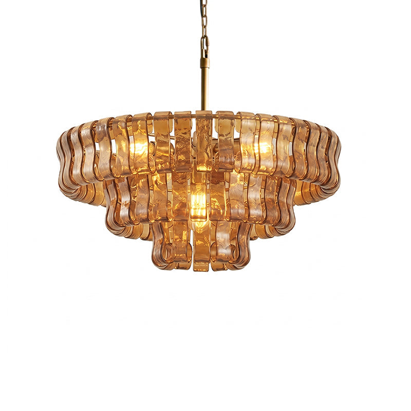 The Ghiaccio Chandelier in Gold finish, as seen from across a room.