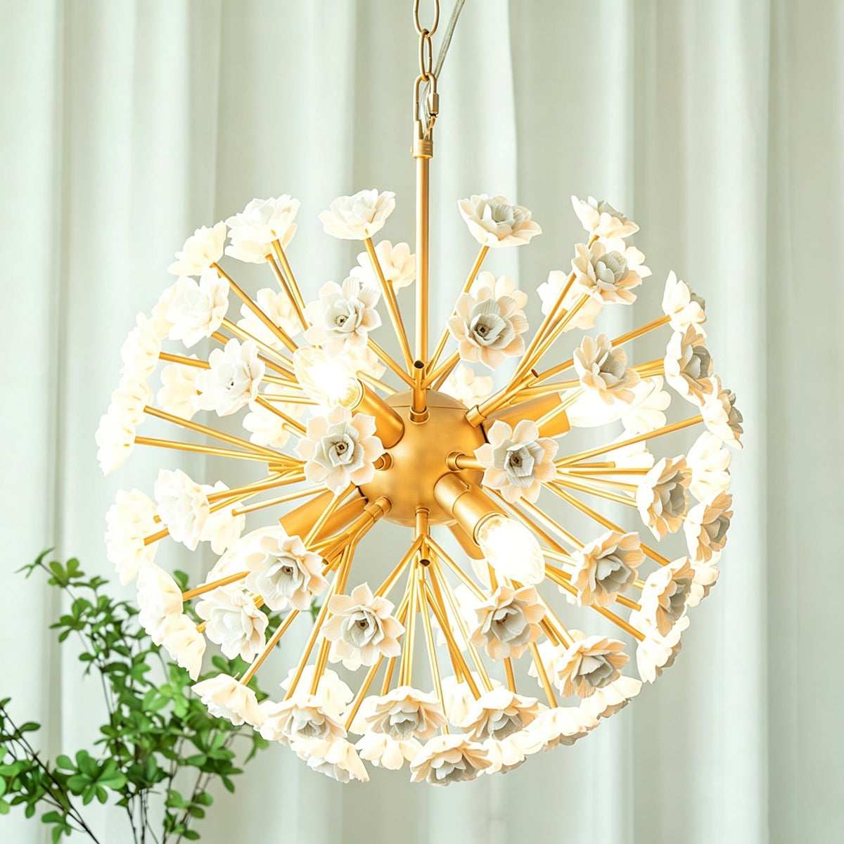 Close-up of the white ceramic petals on the Gillian Sputnik Chandelier.