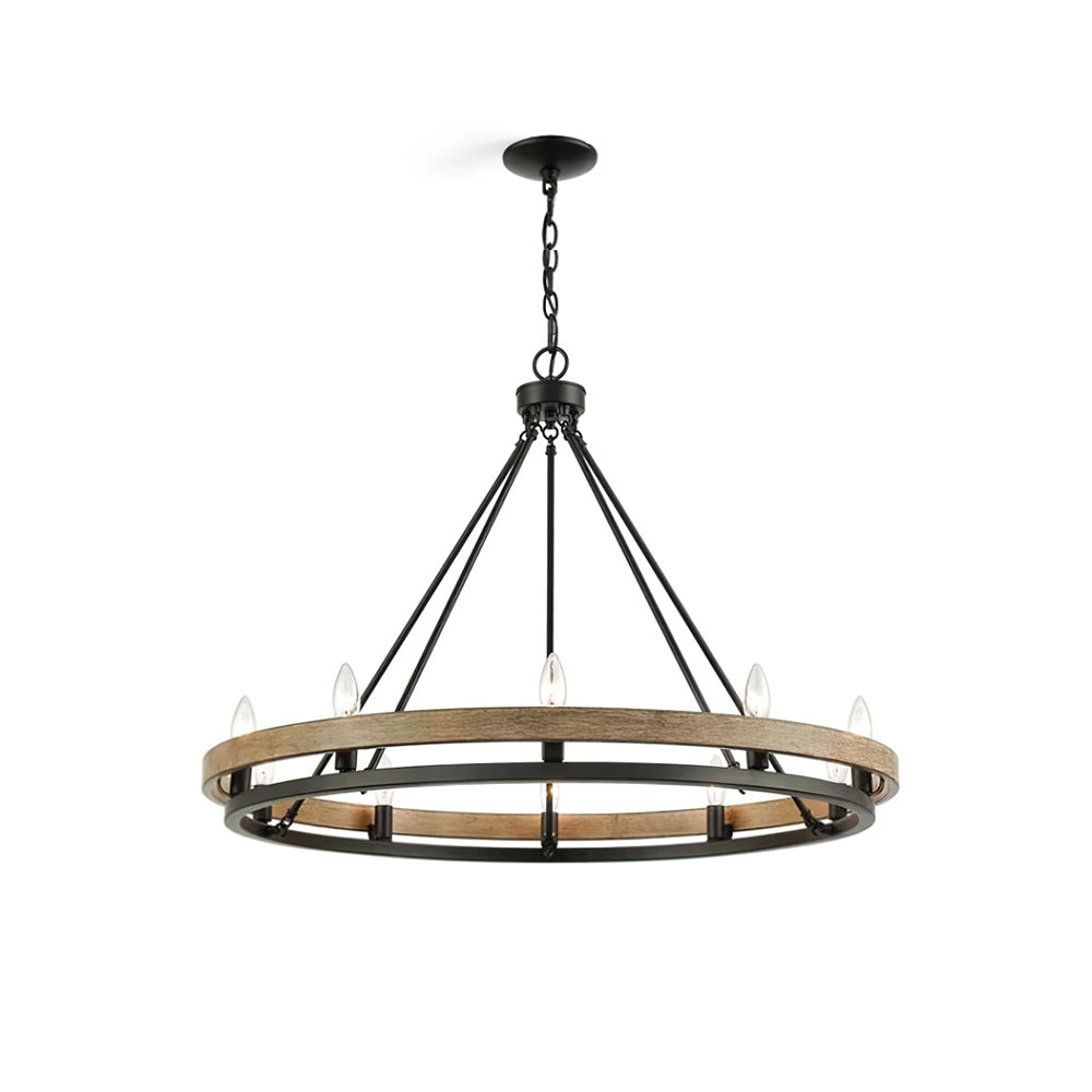 Hillsdale Wagon Wheel Chandelier in a rustic dining room.