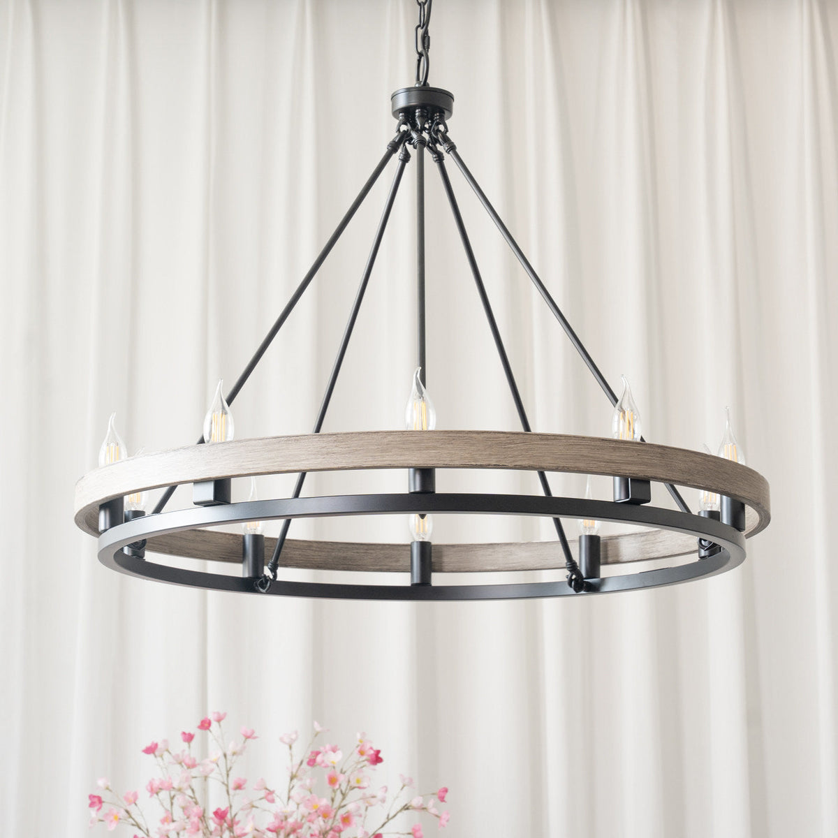 Hillsdale Wagon Wheel Chandelier, 6-head version, against a white background.