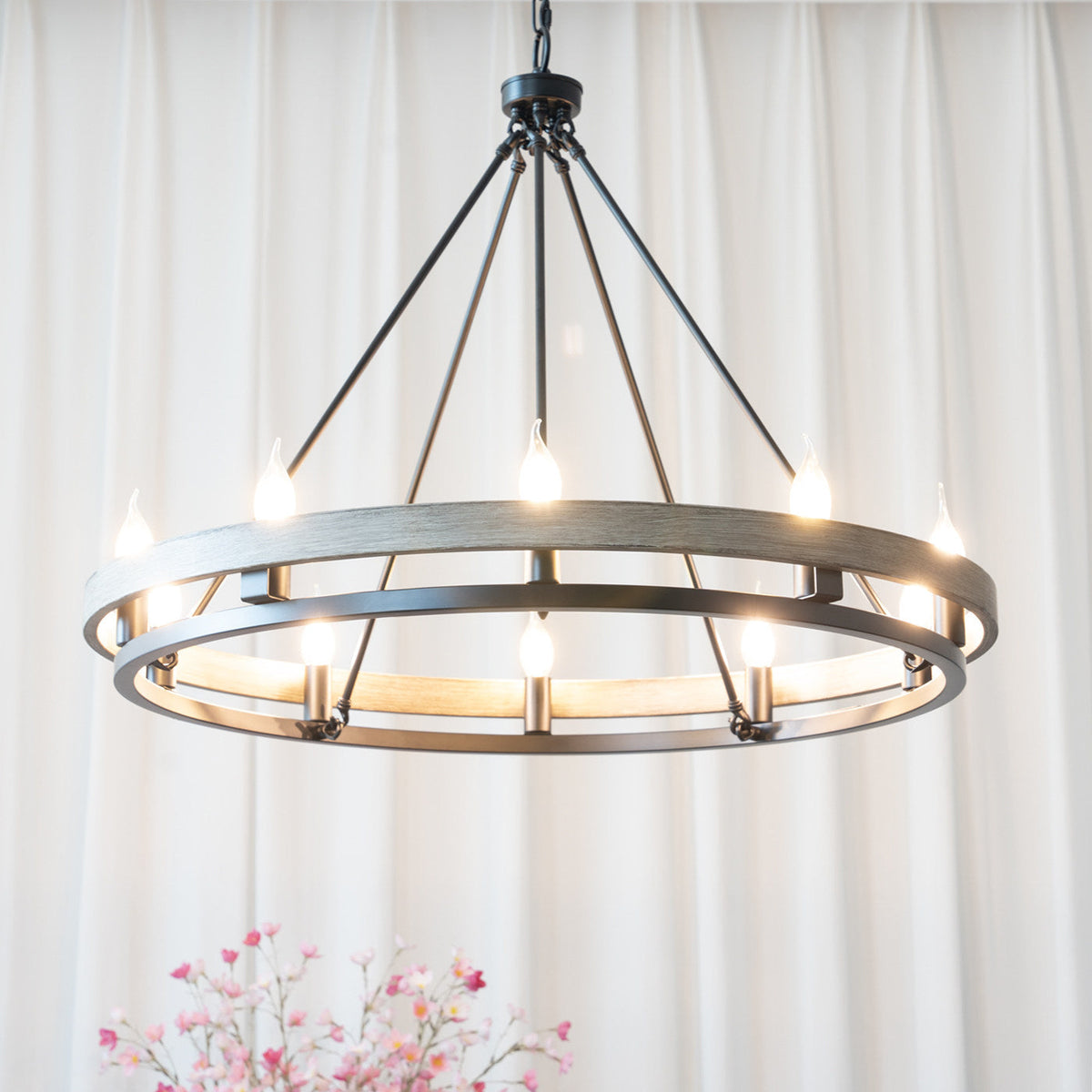Close-up of the Hillsdale Wagon Wheel Chandelier, 4-head version.