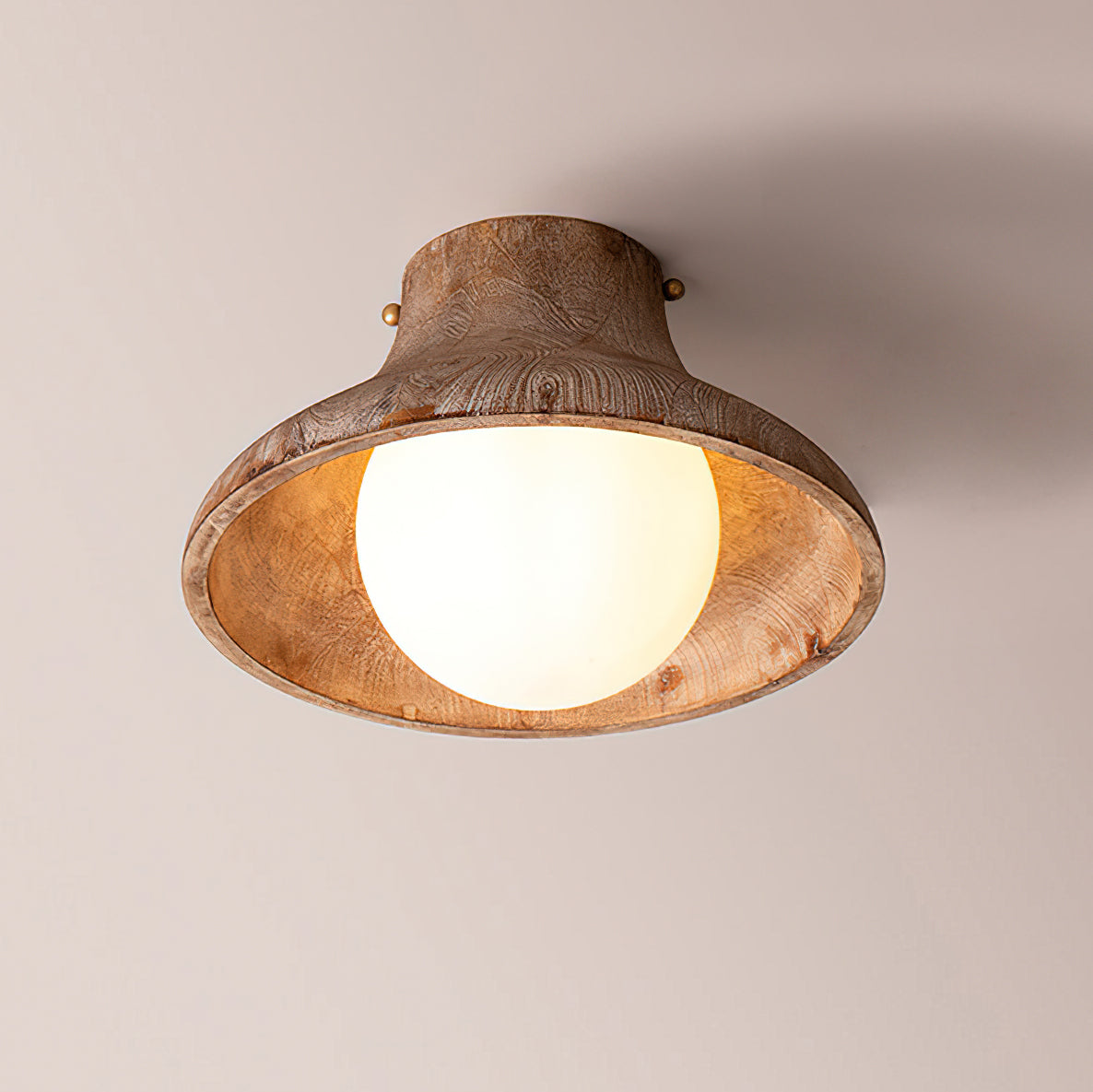 Detail shot highlighting the texture of the wood and fluted glass.
