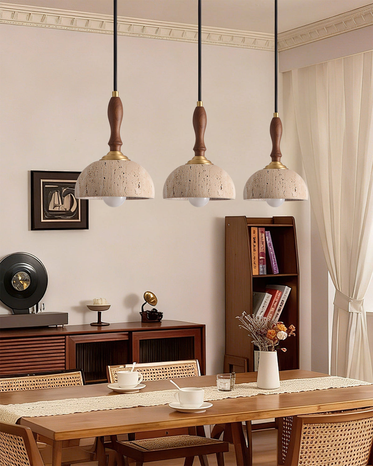 Detailed view of the natural texture of the travertine stone shade.