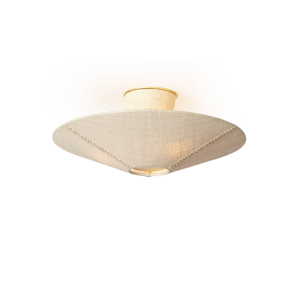 Ketan Semi Flush Mount with a woven abaca linen shade, showing its dual-conical silhouette.
