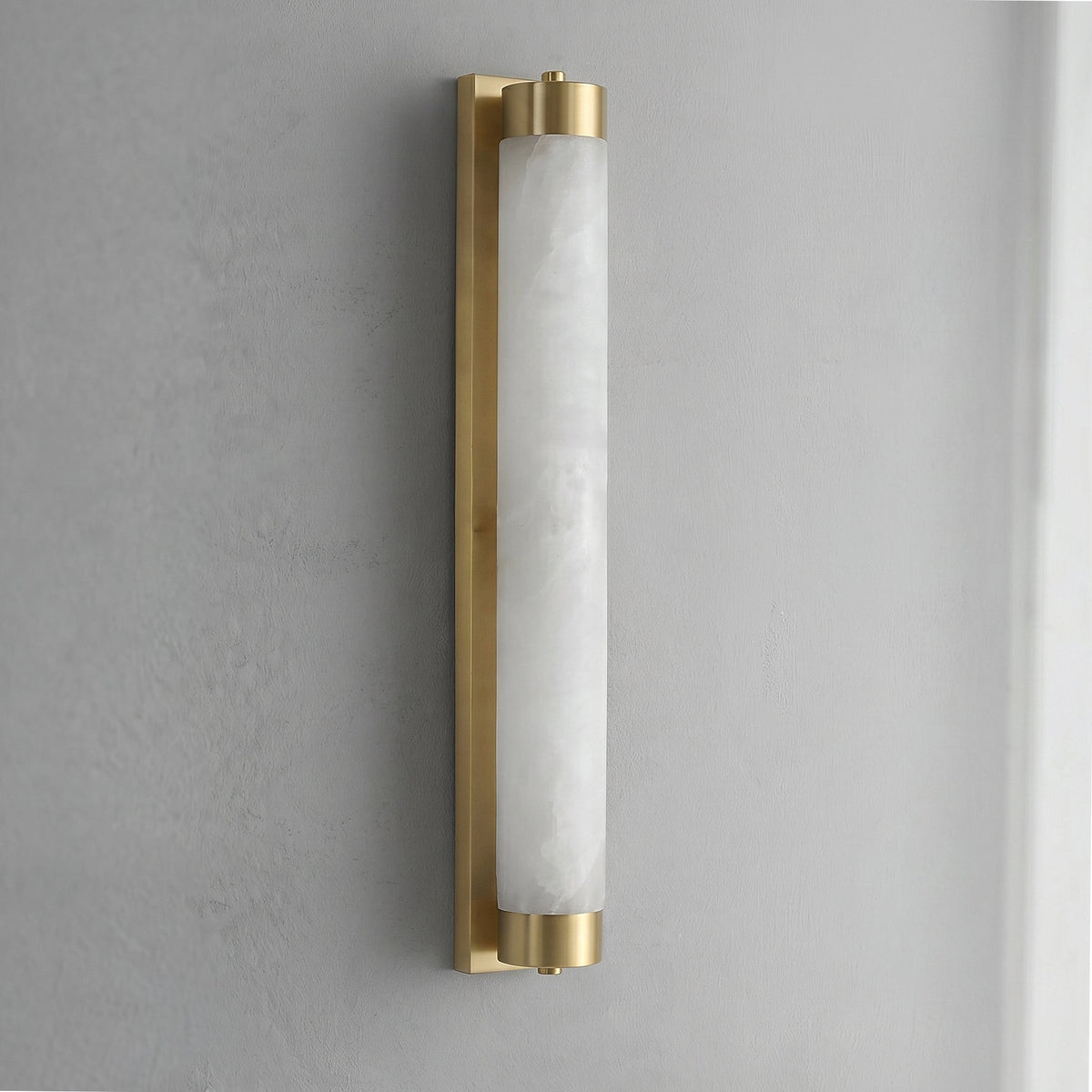 The sconce from a low angle, looking up its linear form.