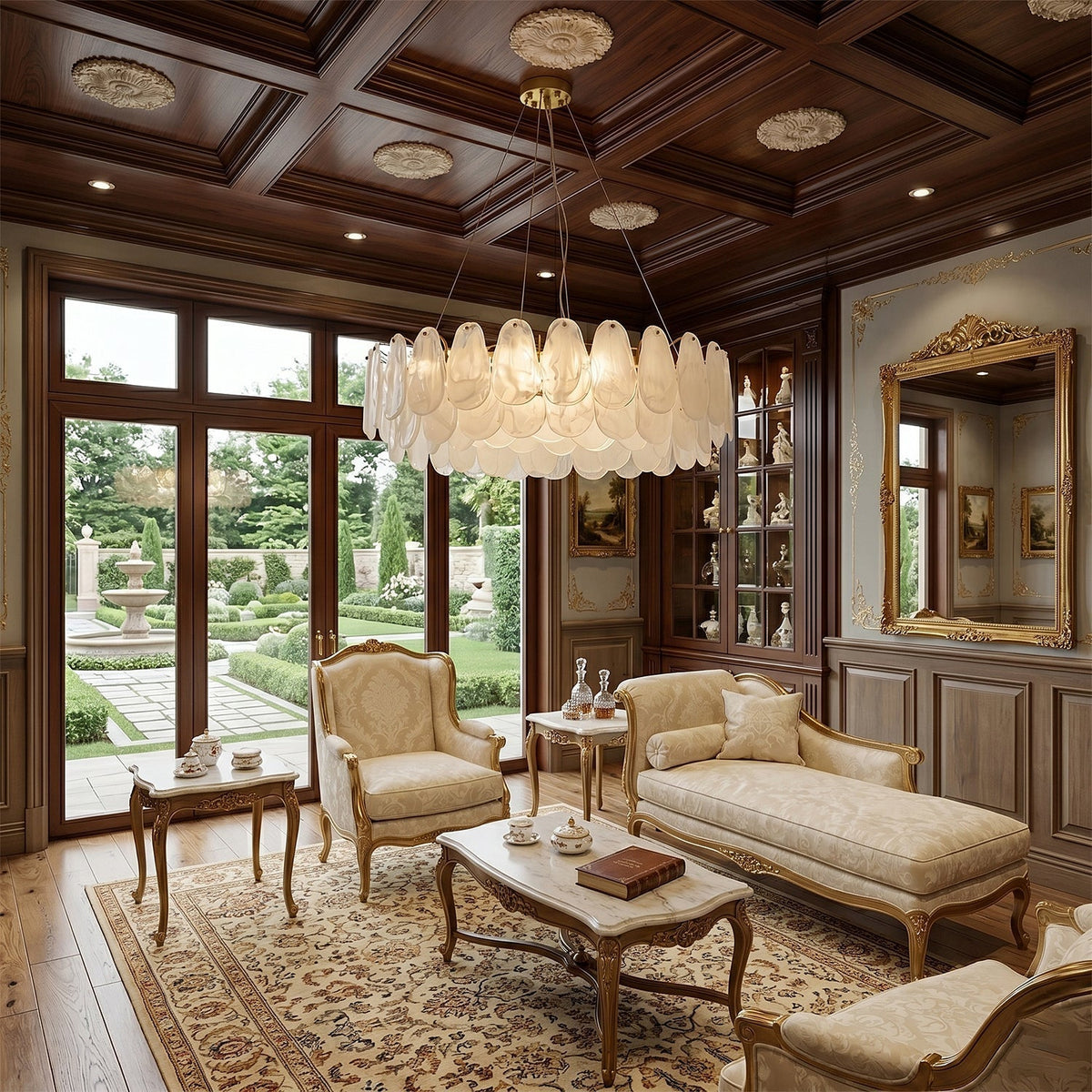 Detailed shot of the polished brass frame and suspension cables of the Leon Chandelier.