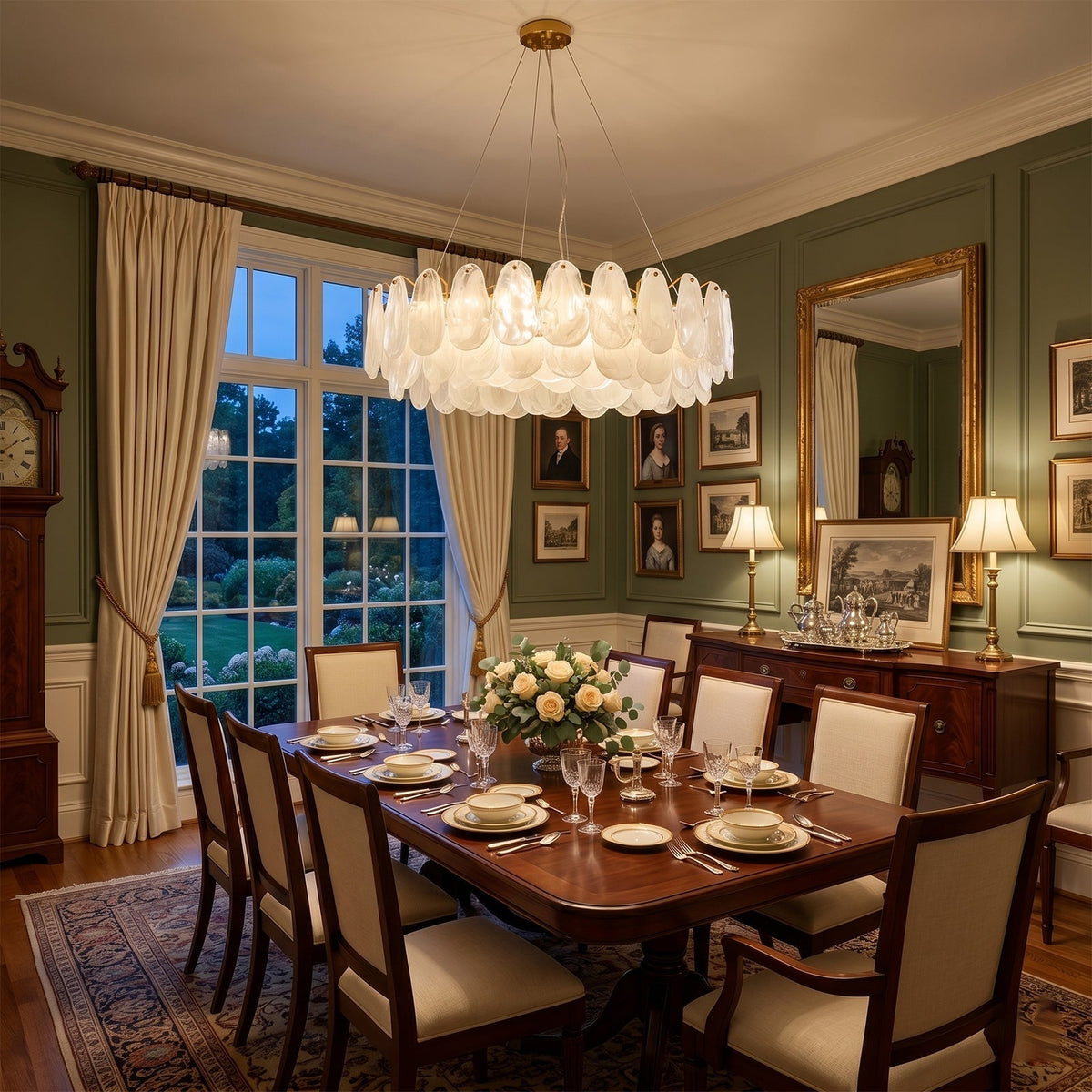 Leon Cloud Glass Chandelier hanging above a contemporary dining table.