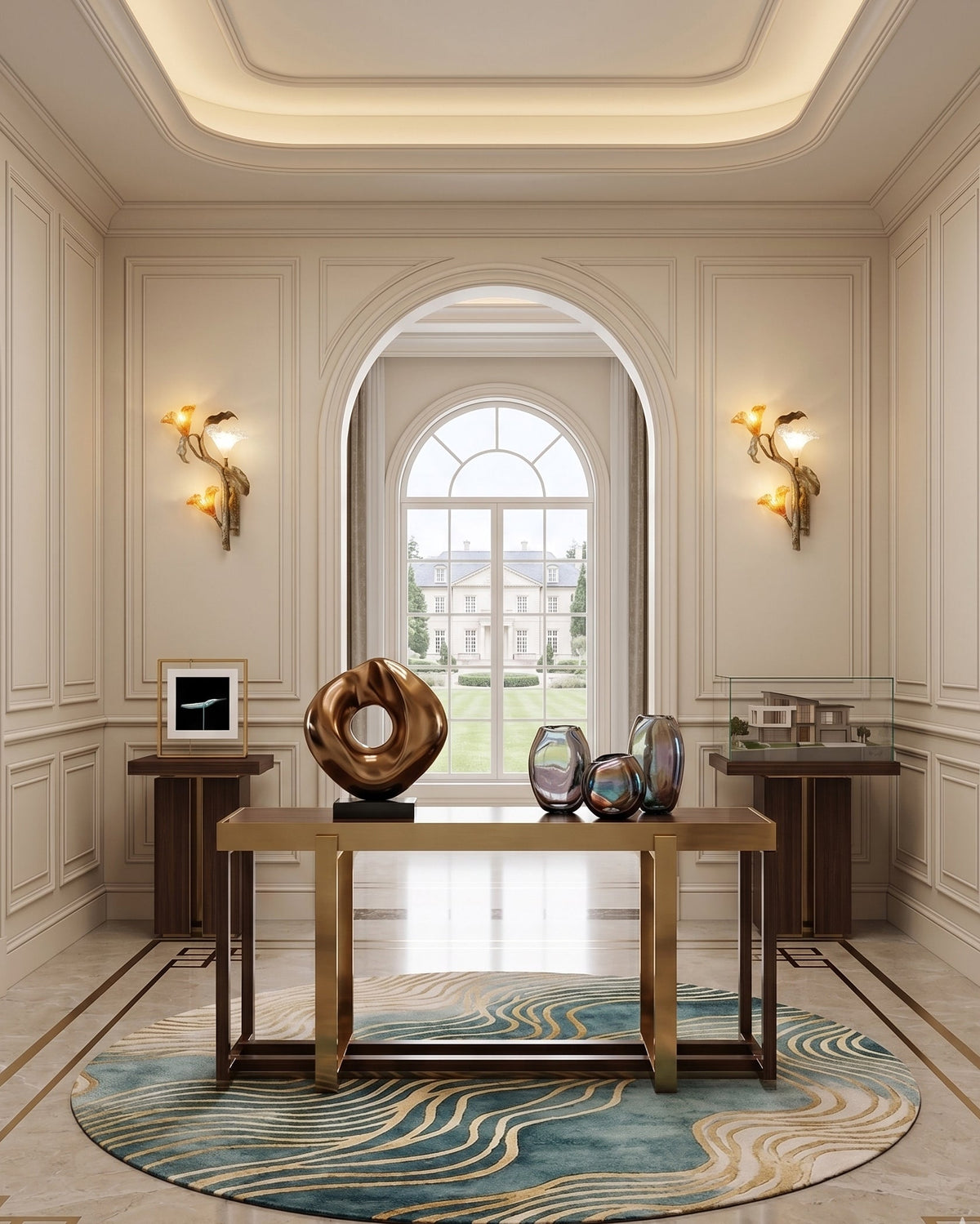 Lifestyle image of the sconce in a sophisticated dining room corner.