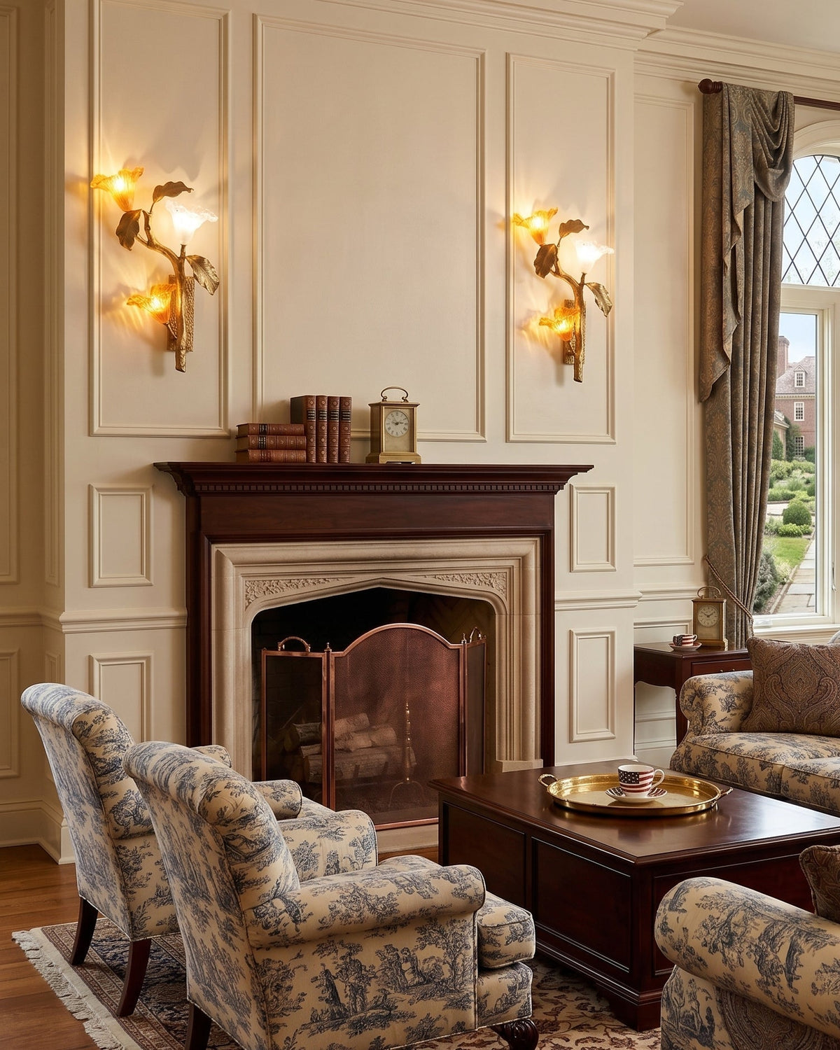 The sconce illuminated, casting a warm, layered light.