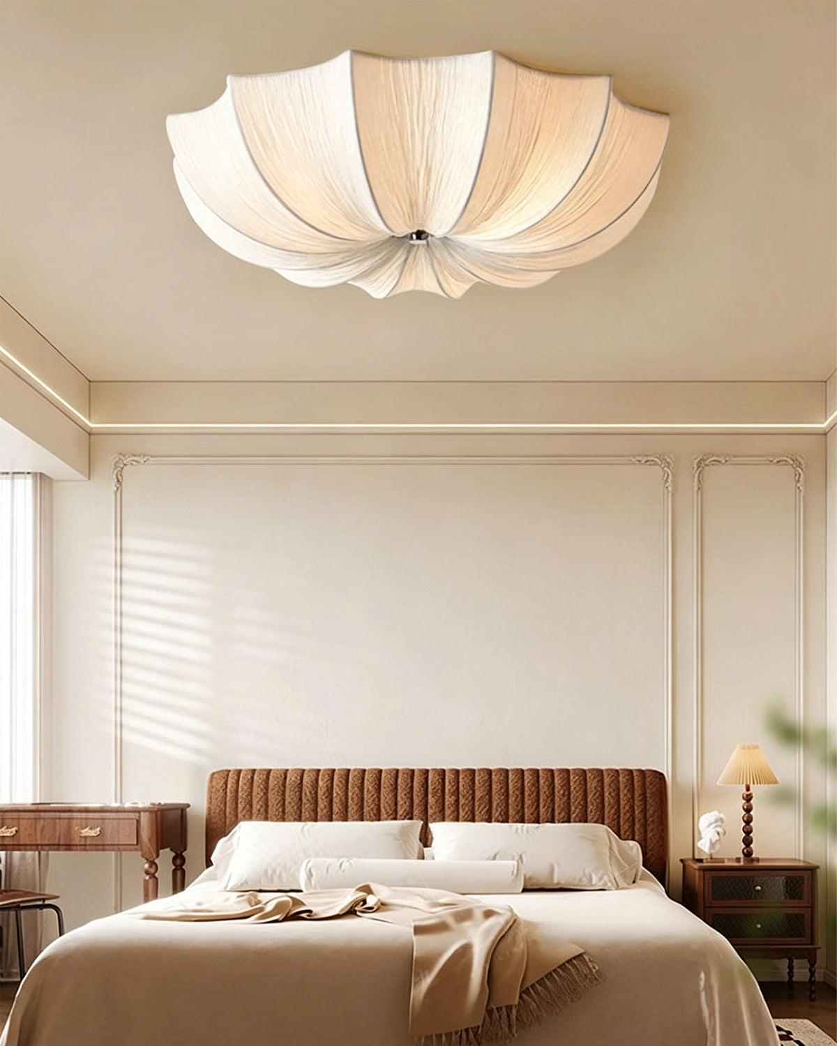Angled view of the Margot Flush Mount, highlighting its contoured steel frame.