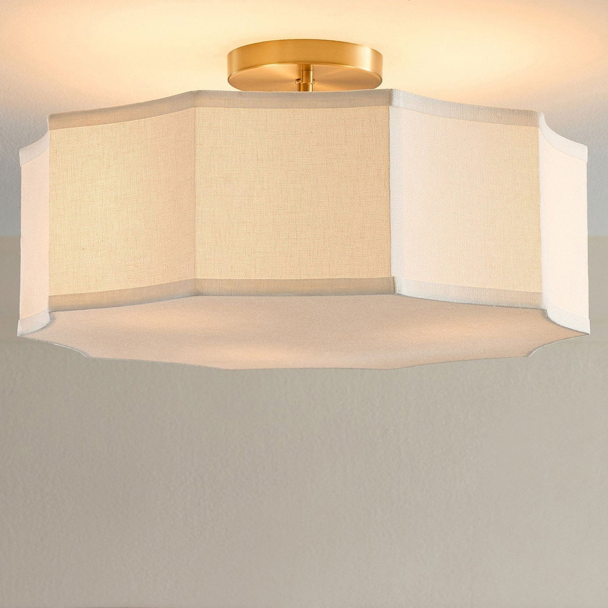 Close-up of the Prescott Flush Mount, highlighting the texture of the linen fabric shade.
