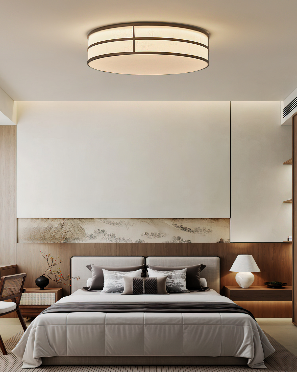 The smaller 16.5-inch Ray LED Flush Mount in a cozy bedroom setting.