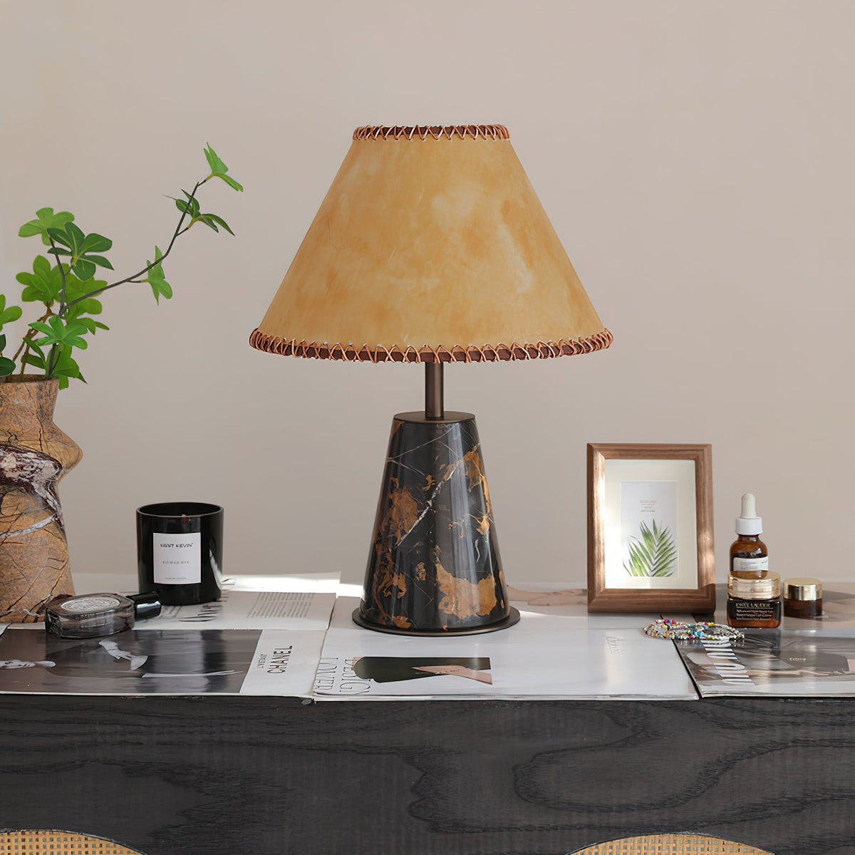 The Sedona Table Lamp styled on a living room end table.