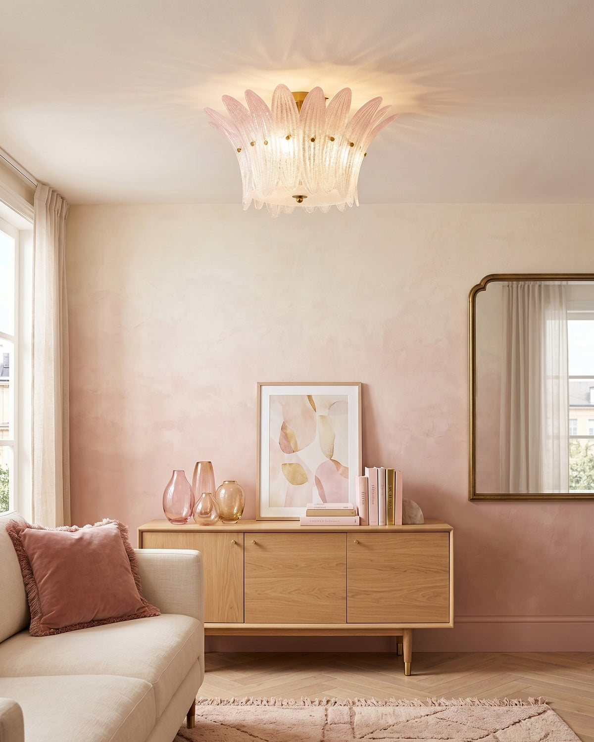 The Treviso Ceiling Mount lit, casting a warm glow.