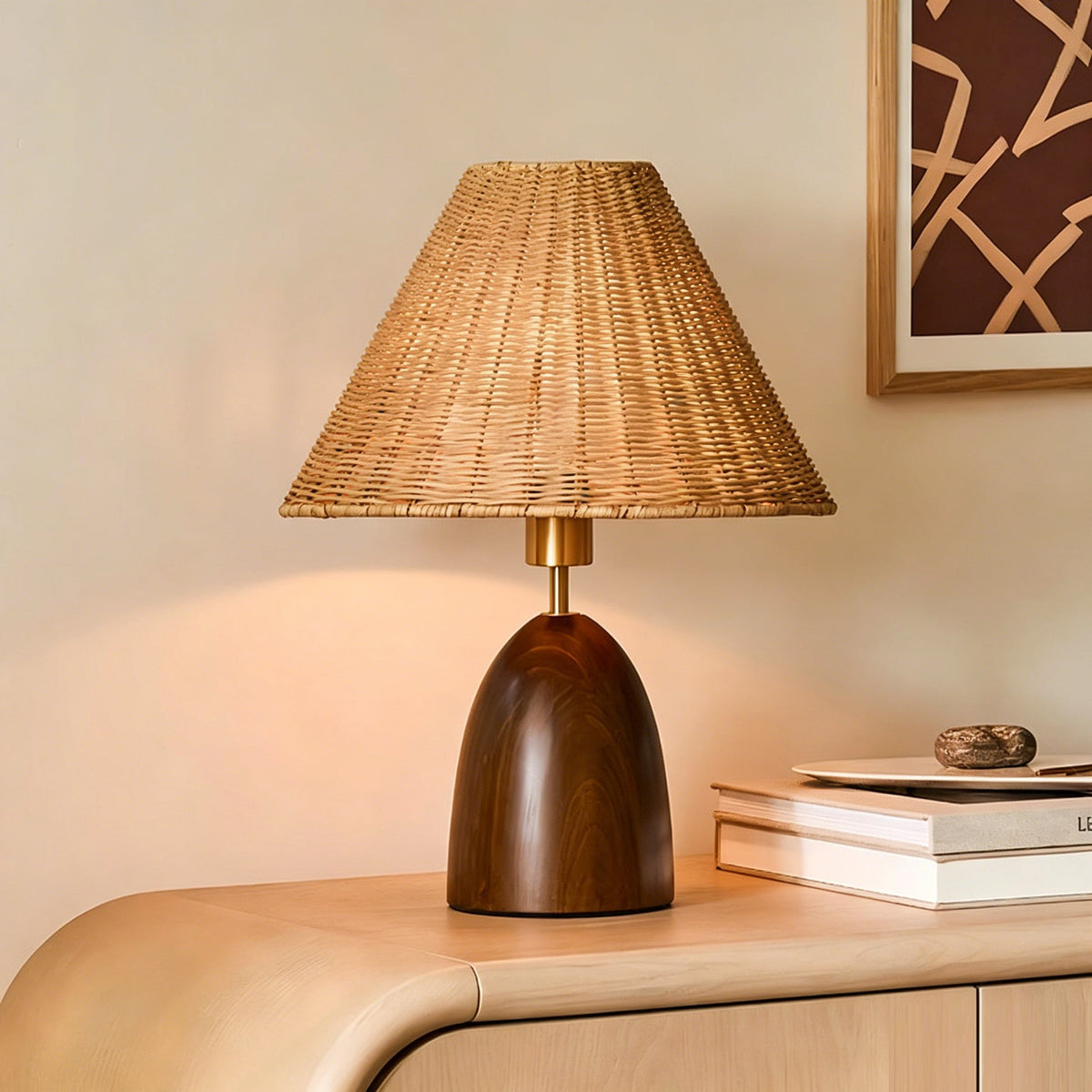 Close-up of the Suri Rattan Table Lamp's woven rattan shade.