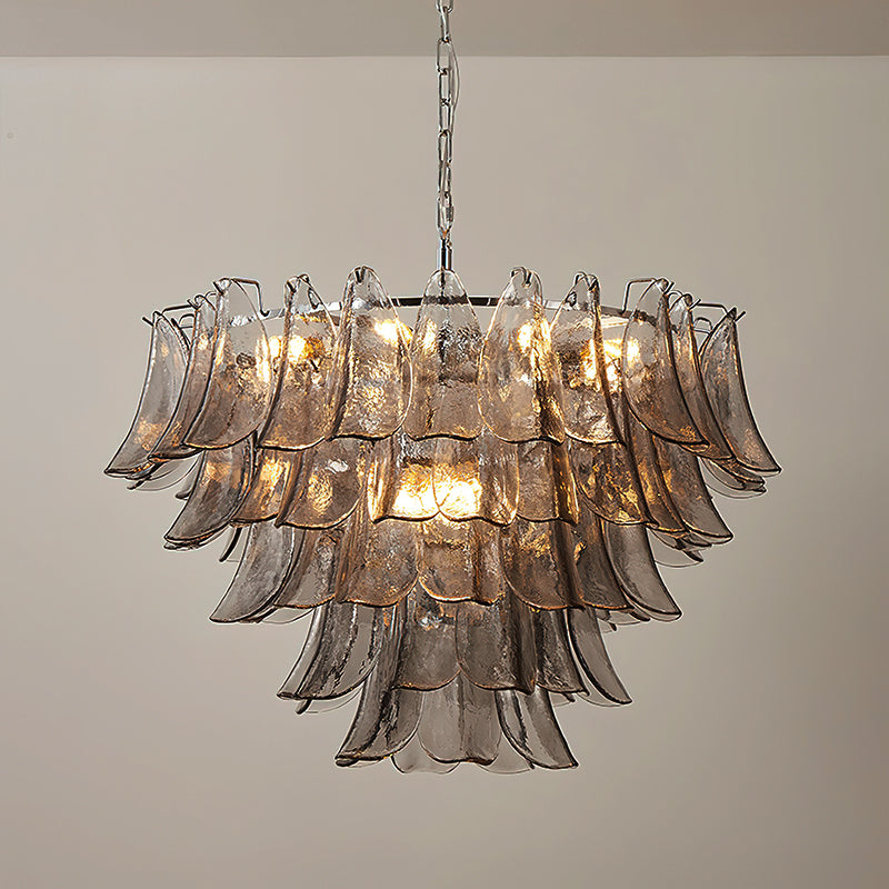View from below looking up into the illuminated Vivienne chandelier.