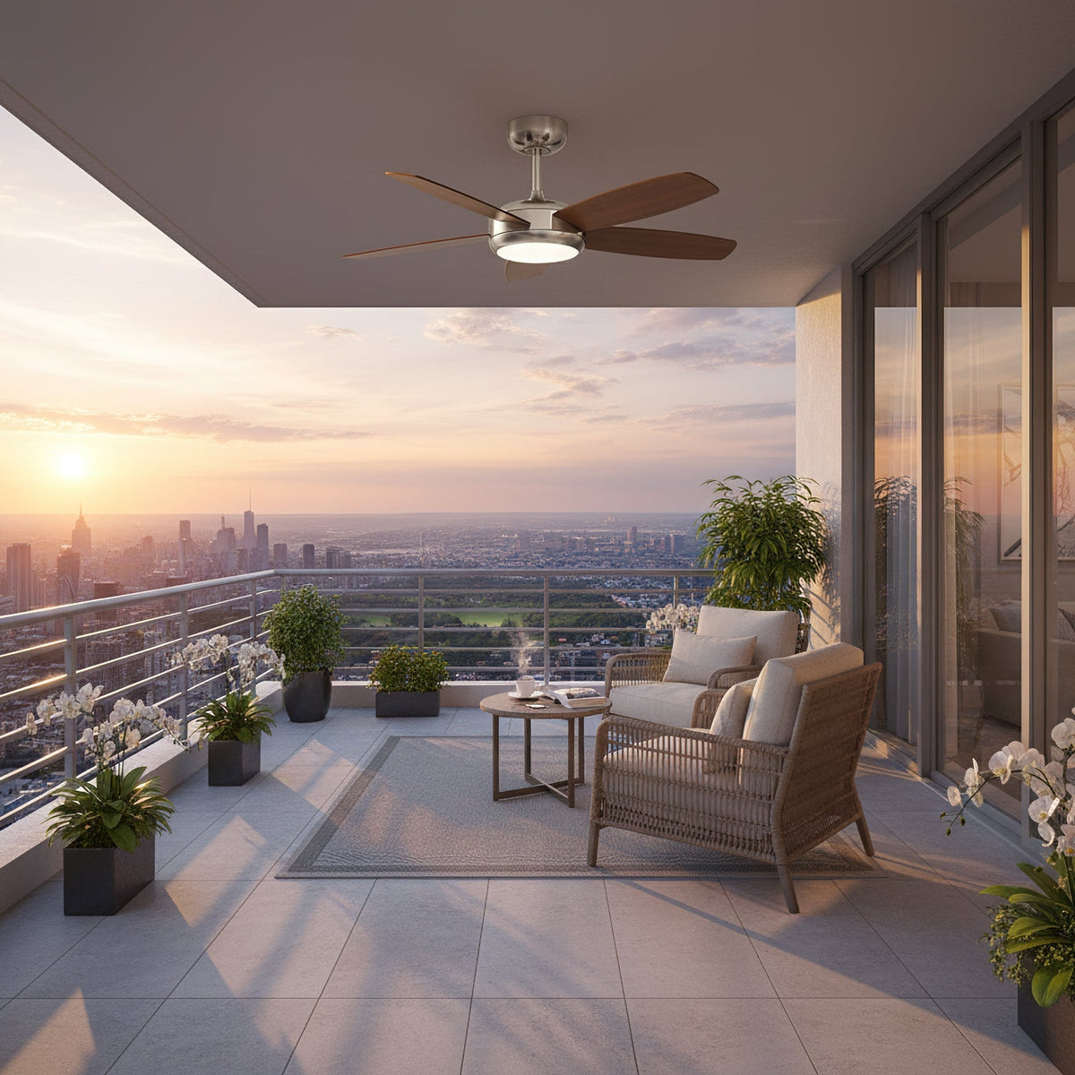 Lifestyle image of the Destin fan in a bedroom setting.