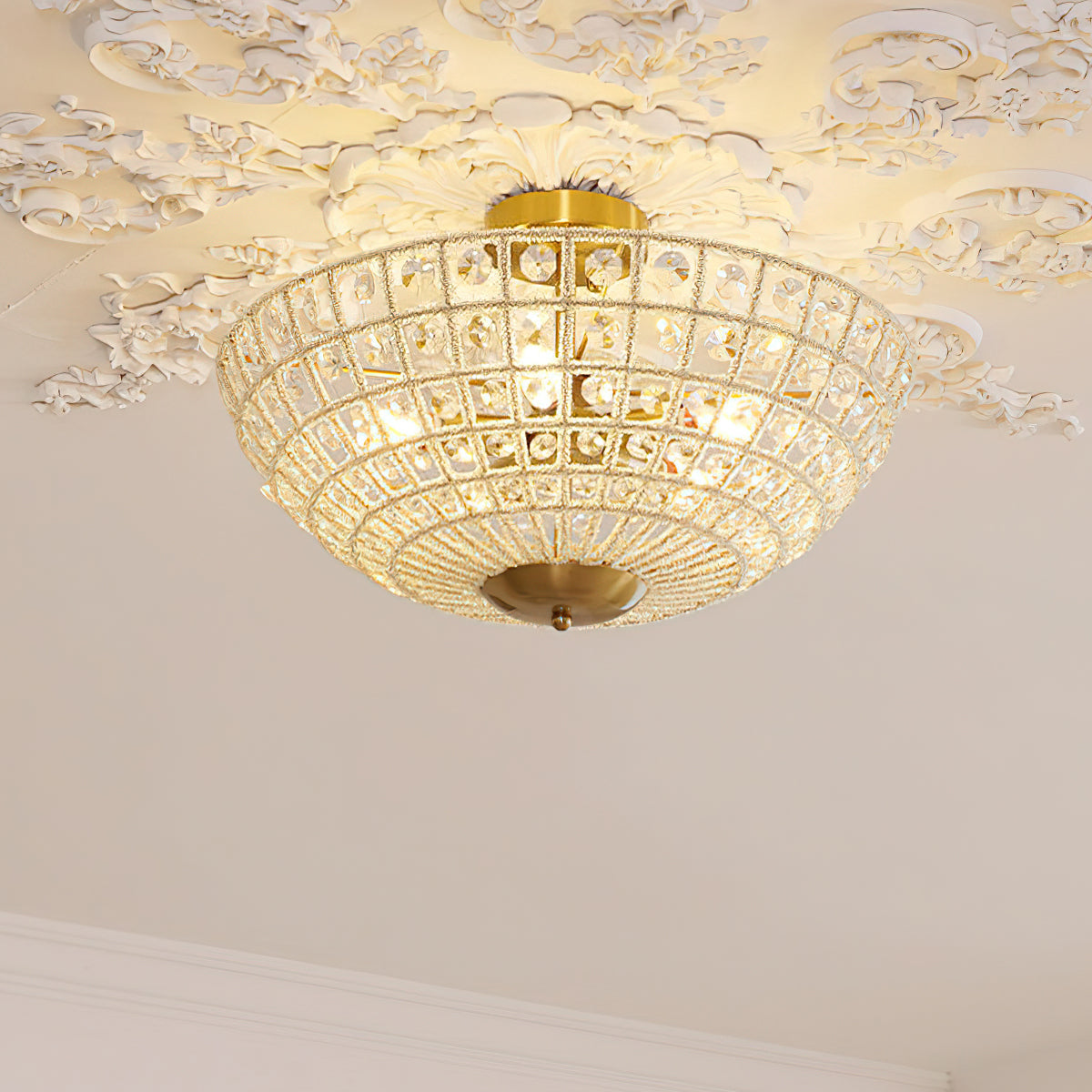 Detailed shot of the metal frame and crystal elements of the Devan light.
