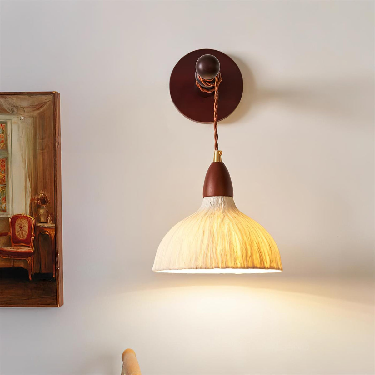 Wall Lamp Rice Paper Shade Wood Arm-Neutral Decor
