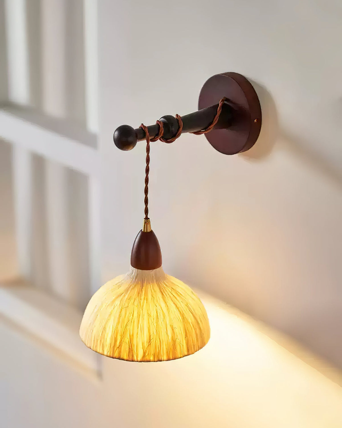 Wall Lamp Rice Paper Shade Wood Arm-Neutral Decor
