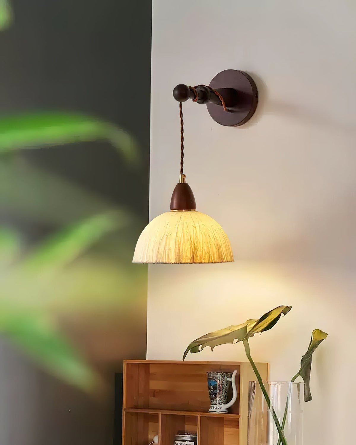 Wall Lamp Rice Paper Shade Wood Arm-Neutral Decor
