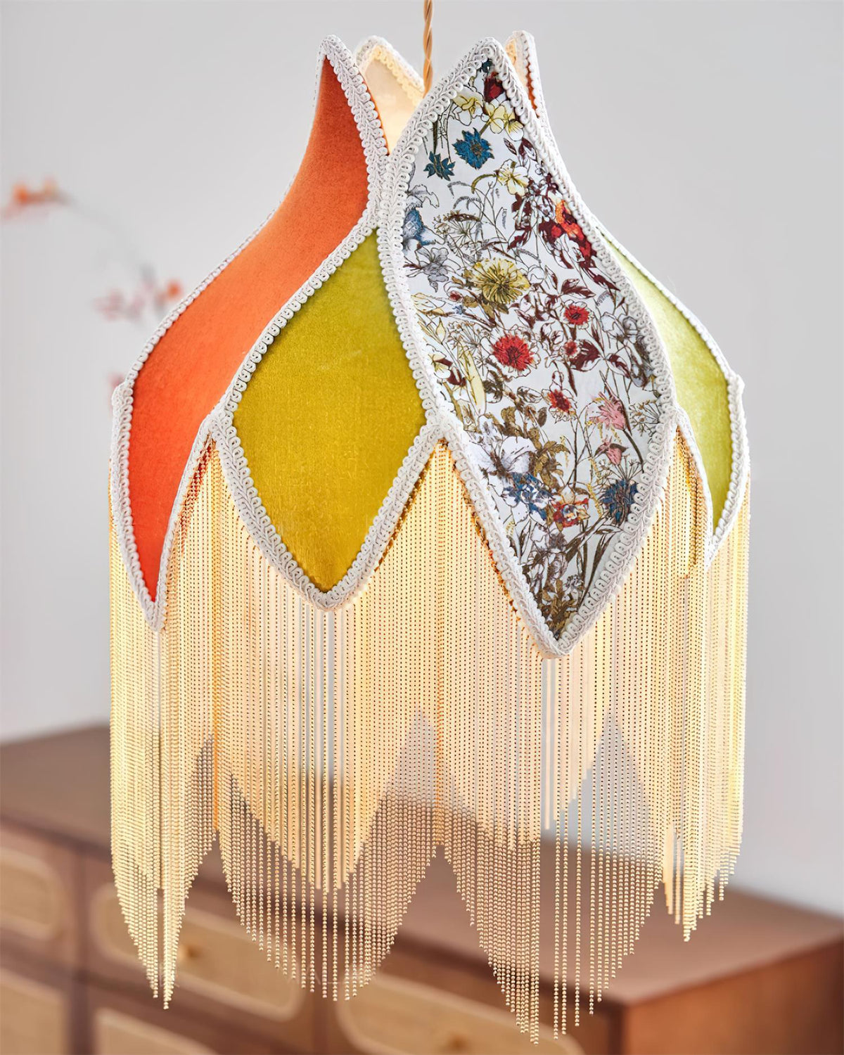 Pendant Lamp with Floral Petal Fabric Shade Fringe Bohemian-Neutral Decor
