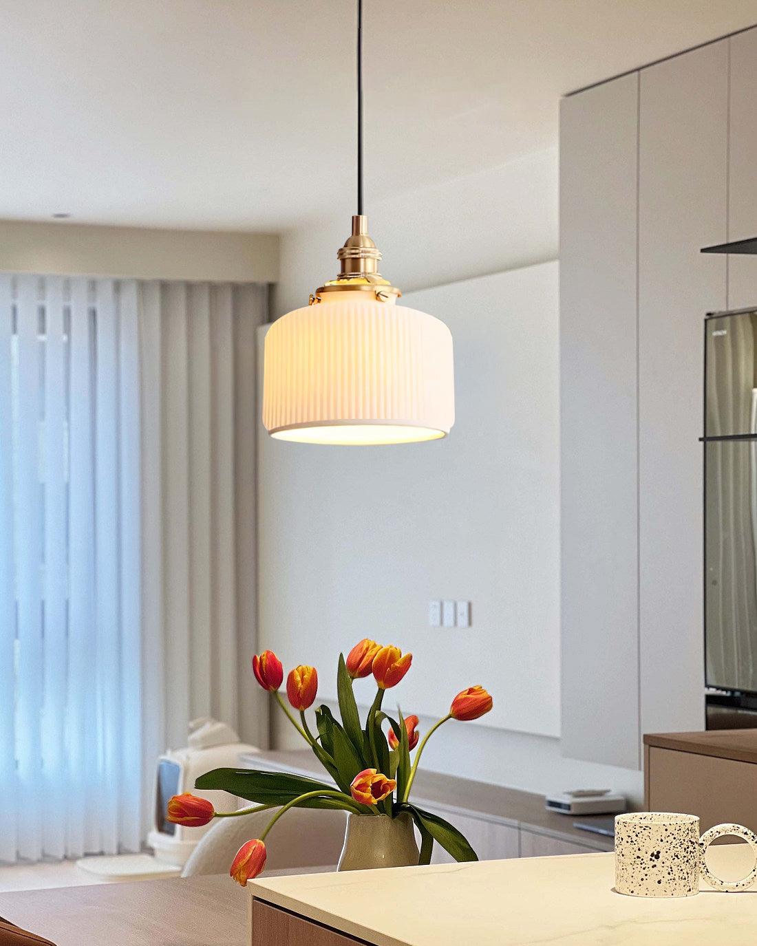 Pendant Lamp Ribbed Ceramic Shade-Neutral Decor