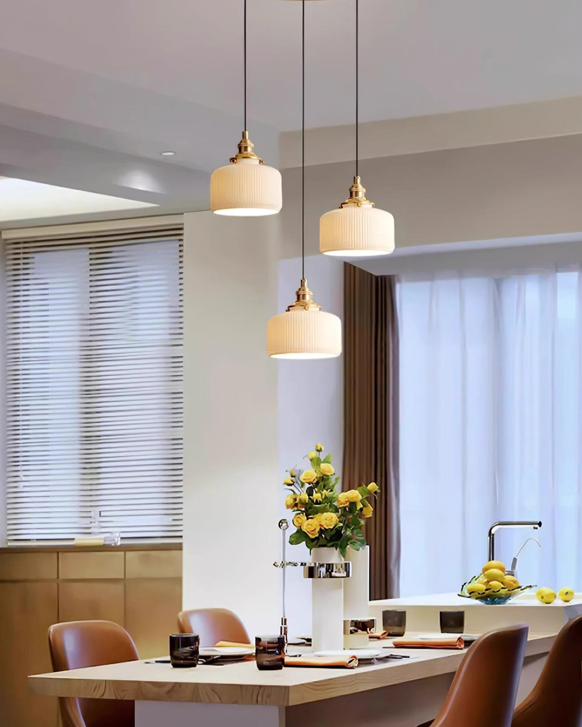Pendant Lamp Ribbed Ceramic Shade-Neutral Decor