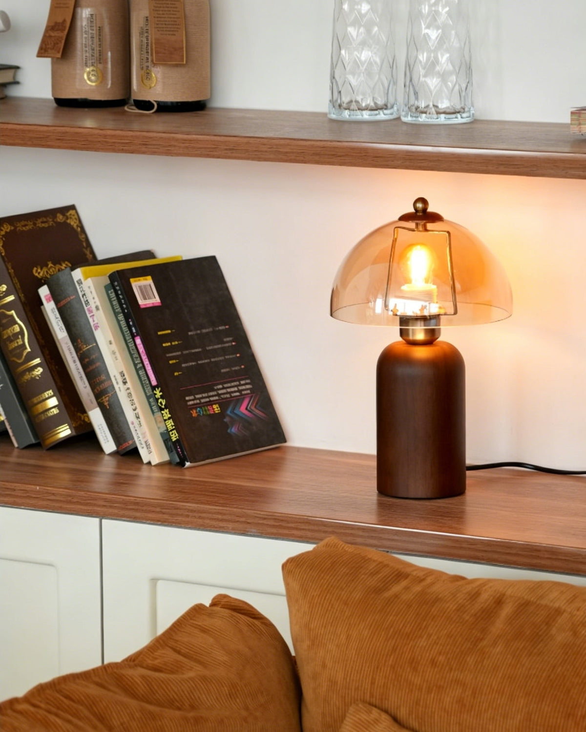 A pair of Disko Table Lamps elegantly placed on a wooden credenza.