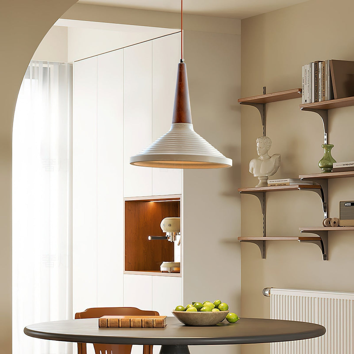 Doherty Pendant Light in walnut color wood finish.
