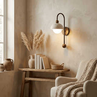 Dome Globe Travertine Arc Sconce-Neutral Decor