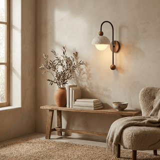Dome Globe Travertine Arc Sconce-Neutral Decor