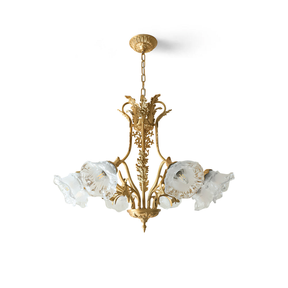 Dore Flower Chandelier with brass frame and clear glass shades.