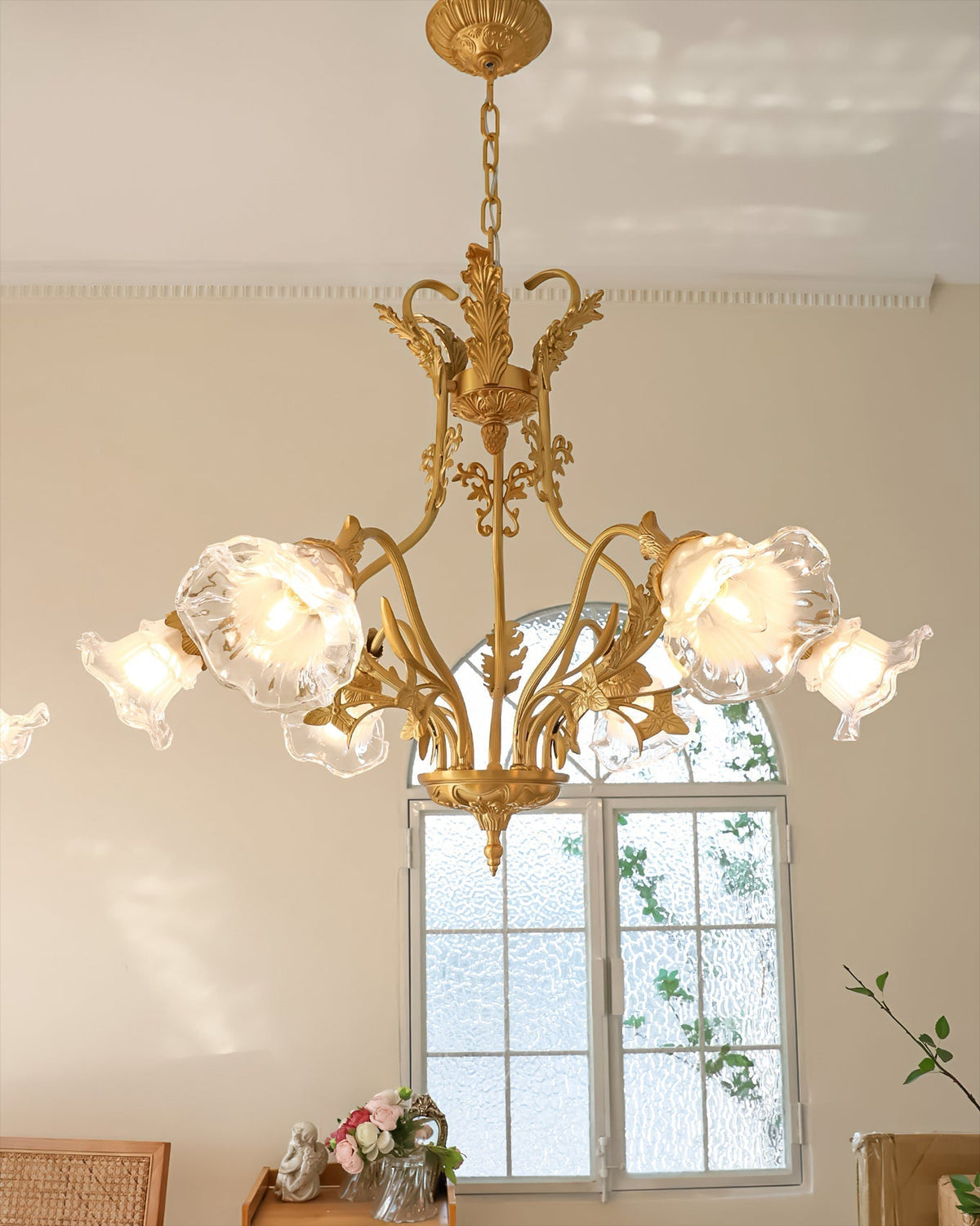 The 8-light version of the Dore Flower Chandelier.