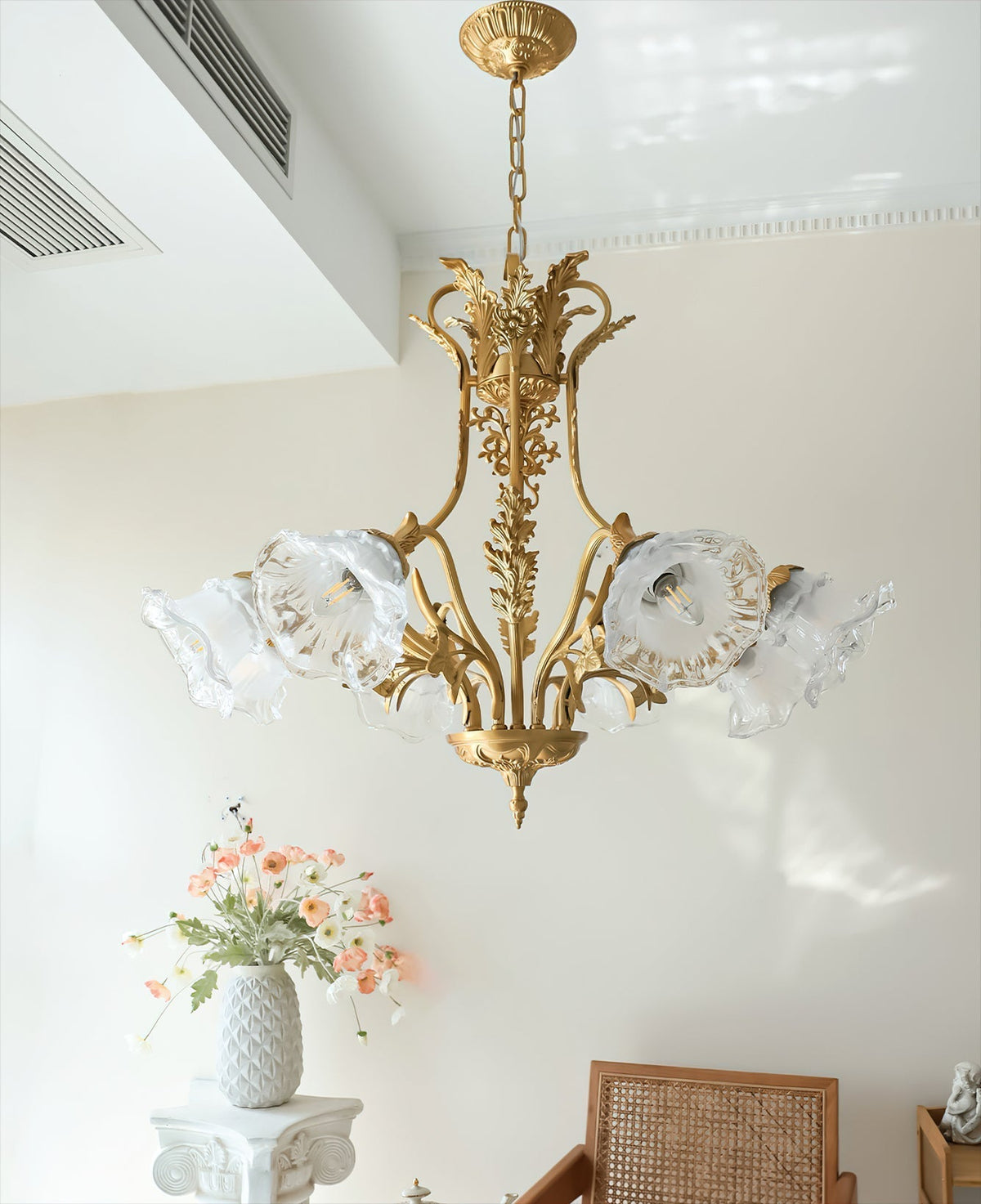 View from below the Dore Flower Chandelier, showing the light arrangement.