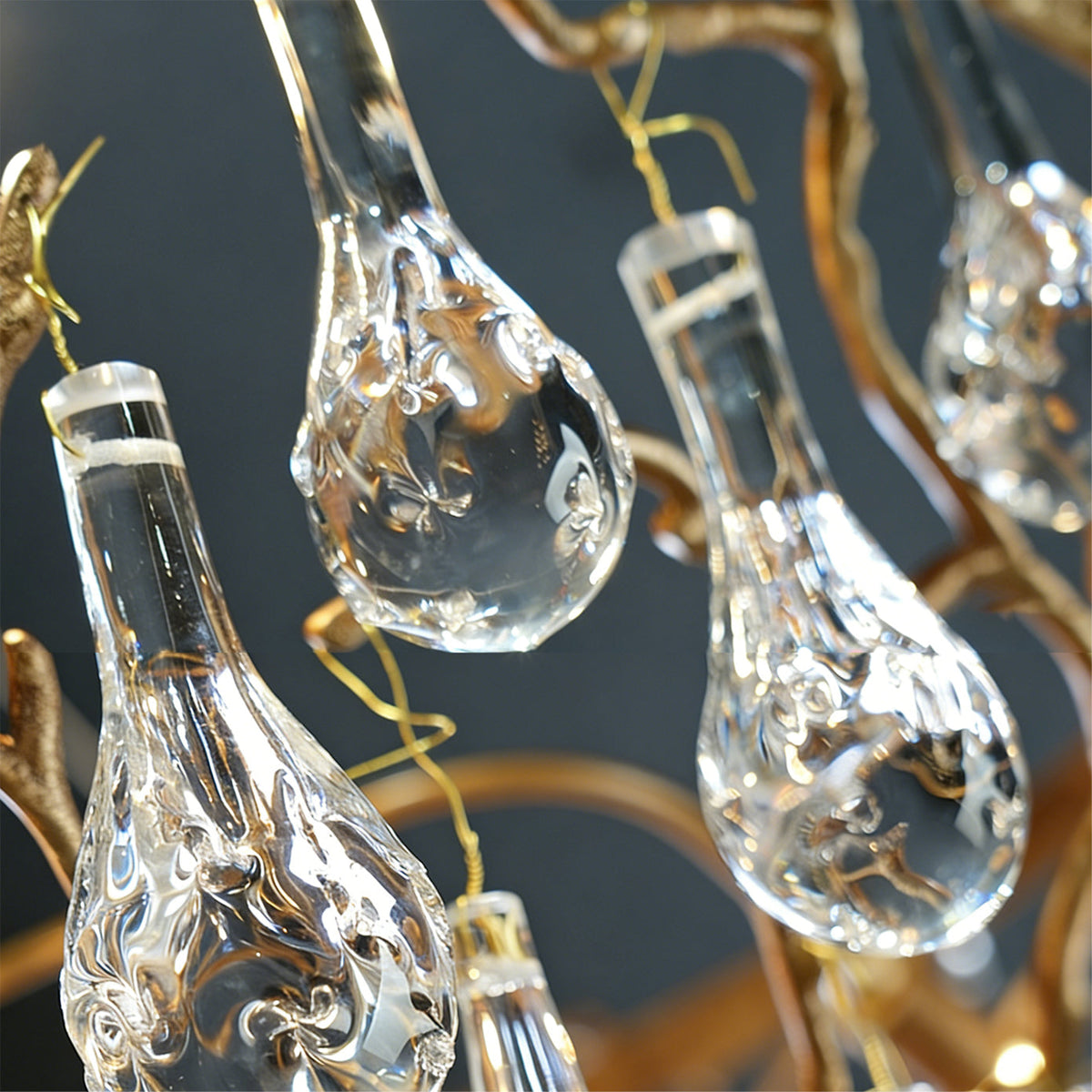 Unlit view of the Doris Chandelier, showcasing the antique brass and glass materials.