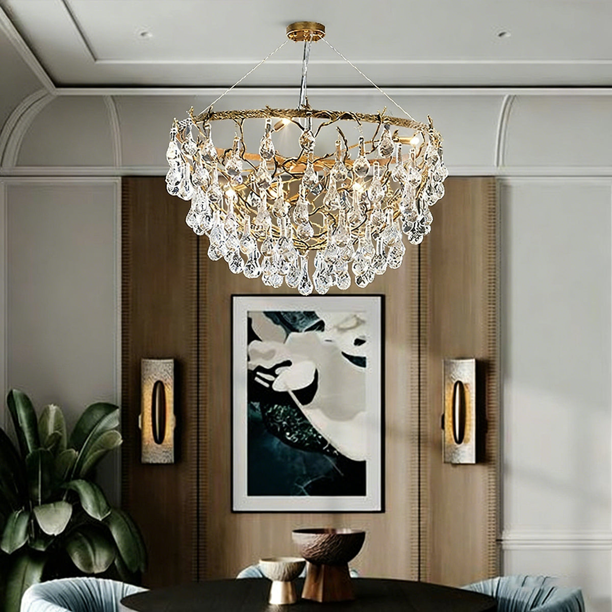 Doris Chandelier hanging in a formal dining room setting.