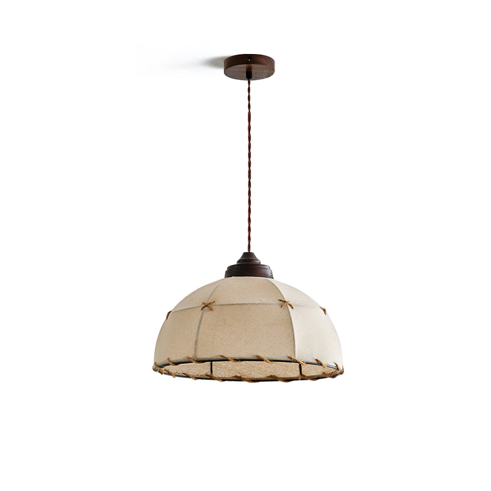 Duomo Pendant Light with a single beige fabric shade and walnut accents.
